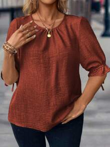 EMERY ROSE Chemise décontractée de vacances à boutons et couleur unie pour grandes tailles - Lie de vin - Voir 5