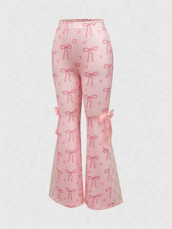 Pantalon évasé avec nœud surdimensionné en dentelle rose pour femme