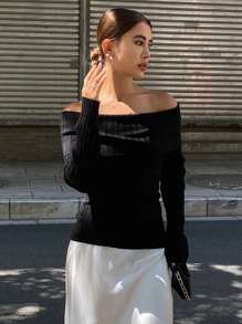 DAZY 女士秋季新款露肩单领修身毛衣，秋季女装 - 黑色 - 查看 5