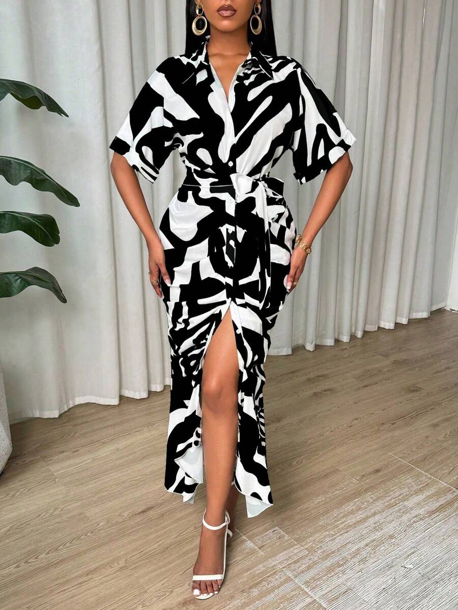 SHEIN Clasi Women's Geometric Print Short Sleeve Pleated Fitted Dress - Black - View 1