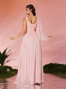 V-Neck Embroidered Lace Asymmetric Shoulder Pearl Chiffon Draped Front Slit High-End Evening Gown, Semi Formal Prom Dress, For Birthday, Wedding Guest, Graduation Homecoming - Pink - View 2