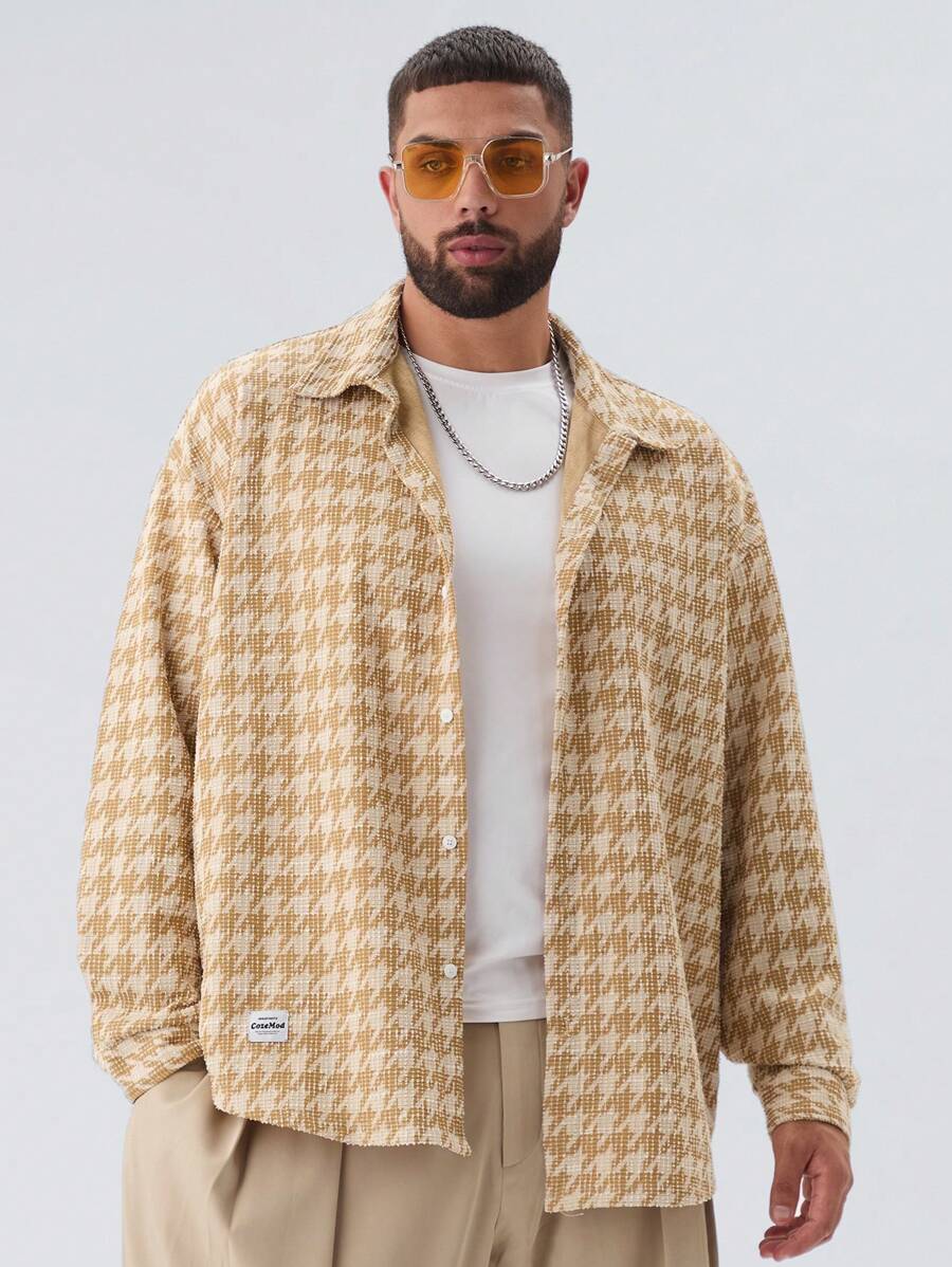 Manfinity VCAY Plus Size Men's Knitted Jacquard Loose Drop Shoulder Long Sleeve Shacket, Suitable For Autumn & Winter - Yellow - View 1