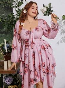 Sunnyshic 大码女式节日花卉印花甜心领灯笼袖不对称下摆优雅连衣裙 - 粉色 - 查看 6