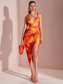 SHEIN BAE Váy nữ mùa hè màu vàng nhuộm xếp ly bất đối xứng xẻ cao cúp ngực nhuộm nơ - Màu Cam cháy - Xem 6