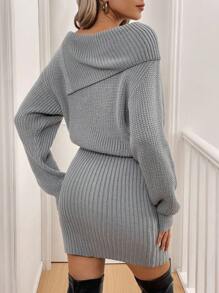 Chiquease Women Asymmetrical Neck Button Closure Long Sleeve Solid Color Knitted Sweater Dress
