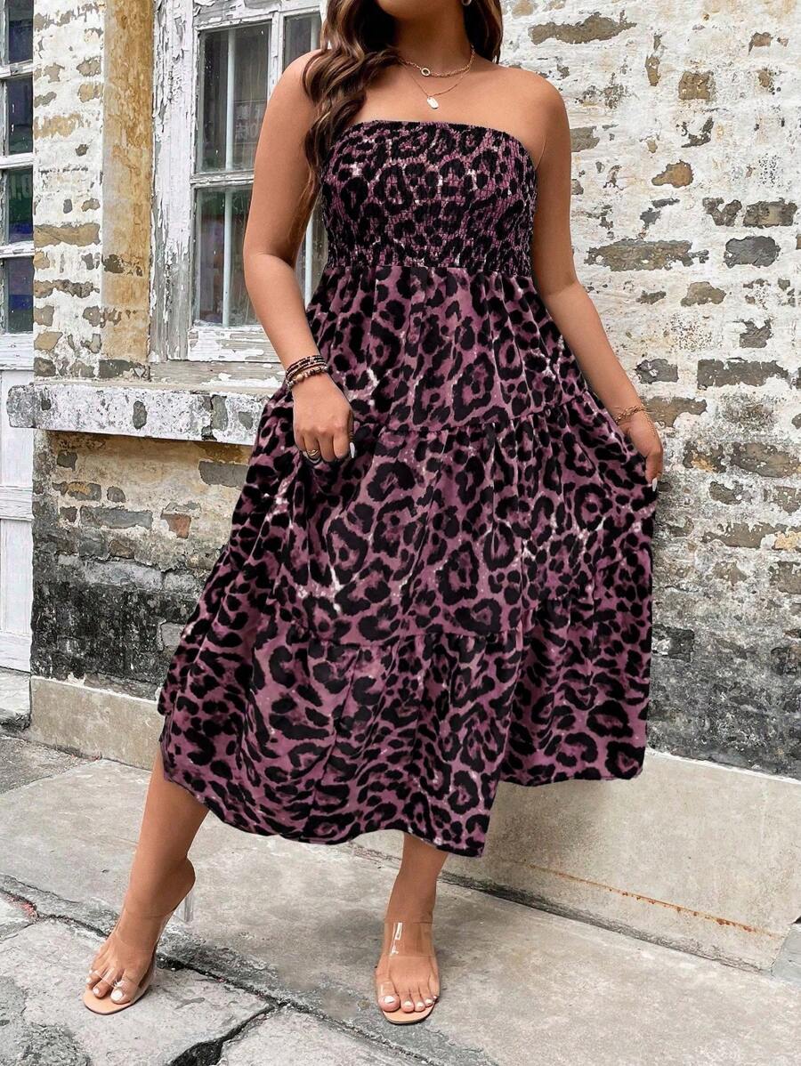 Breezaya Vestito affascinante leopardato con arricciature, senza spalline e senza schiena, taglie forti - Multicolore - Visualizzare 1