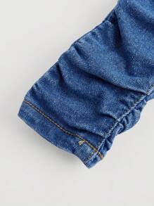 SHEIN 女婴蓝色牛仔可爱长裤，侧边褶皱，女婴秋装 - 中等水洗藍 - 查看 4
