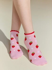 Strawberry Shortcake X SHEIN 3 Pairs Of Women Cute Socks With Cartoon Character And Strawberry Pattern,Gift Ideas