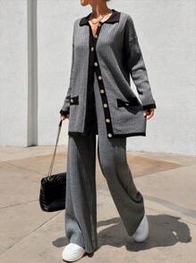 EURMUSE Woman Cardigan Set Elegant Button And Pockets Detailed Comfy Warm Sweater Pants Co-Ords - Dark Grey - View 7