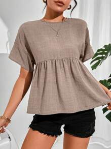 SHEIN Essnce Femmes Chemise ample d'été à col rond, manches chauve-souris, ourlet à volants, couleur unie, Hauts à manches courtes