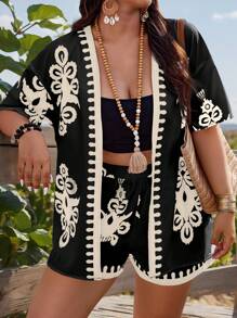 SHEIN Clasi Regular 2pcs Plus Size Boho Contrast Color Patch Short Sleeve Allover Print Cardigan Top And Shorts Casual Set Random Print, For Summer - Black - View 4