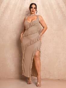 SHEIN BAE Plus Size Women's Sling Ruffled Slit Elegant Fashion Long Dress