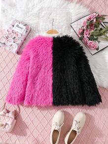 Tween 女童红色和黑色拼布连帽毛茸茸休闲夹克适合户外穿着