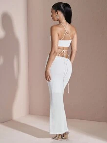 SHEIN BAE 女士纯色镂空露背紧身吊带毕业礼服，夏季 - 白色 - 查看 2
