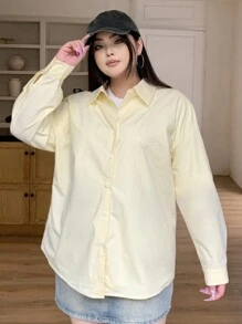 Dazy Petite Plus Plus Size Women's Spring And Summer Drop Shoulder Long Sleeve Korean Style Solid Color Lapel Shirt - Yellow - View 6