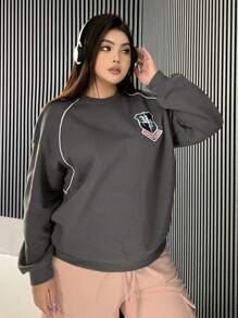 Dazy Petite Plus Moletom Solto com Decote Careca, Bordado, Bloco de Cores em Cor Sólida, Plus Size, Roupas de Outono - Cinza - Visão 6