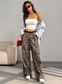 SHEIN EZwear 女式休闲豹纹宽腿拼色高腰西装裤 - 彩色 - 查看 5