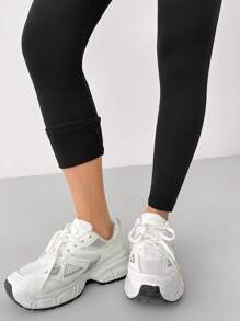 SHEIN PETITE Solid Color Black High Waisted Fleece Leggings - Black - View 10