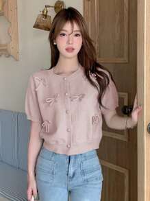 DAZY Cárdigan de mujer de unicolor, de manga corta, cuello redondo y lazo, ropa de otoño, ropa de vuelta al colegio