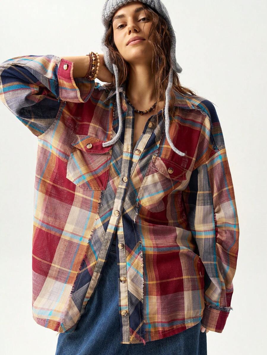 Bohemela Áo sơ mi dài tay kẻ sọc có nút chắp vá thường ngày dành cho nữ - Nhiều màu - Xem 1