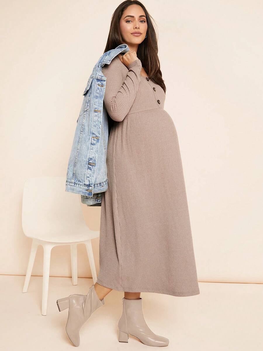 SHEIN Váy bầu dài vừa phải cài nút kaki, váy bầu dài - Lạc đà - Xem 1