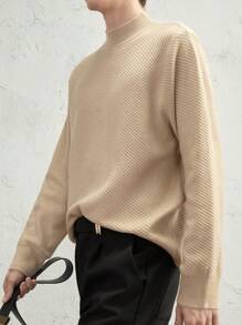 AKNOTIC Business Casual Men's Fitted Faux Cashmere Blend Turtleneck Sweater, Casual Beige Pullover For Fall & Winter - Apricot - View 4
