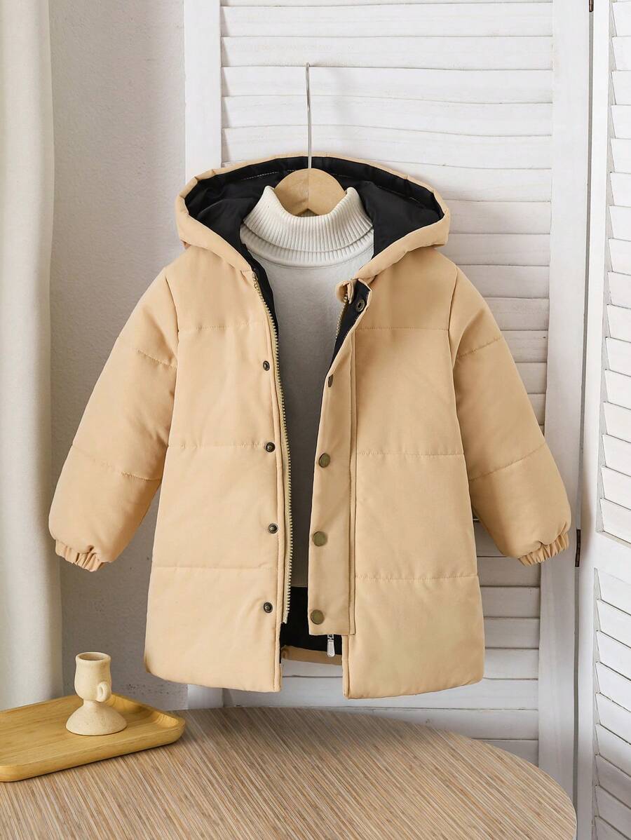 Young Girl Plain Hooded Long Sleeve Winter Jacket - Apricot - View 1