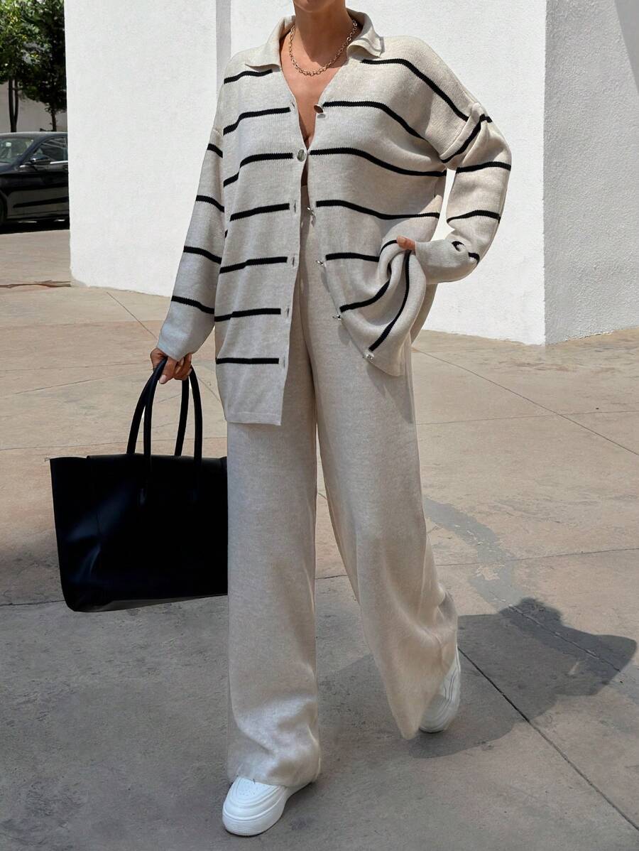 EURMUSE Women Striped Sweater Cardigan And Pant Set - Black and White - View 1
