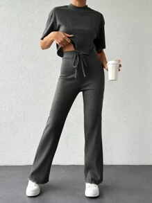 EURMUSE Ribbed High Elastane Casual Leisure Crop Top And Pants 2pcs Set - Dark Grey - View 3