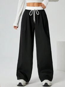 SHEIN PETITE Quần dệt có dây thắt lưng tương phản - màu đen - Xem 4