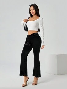 SHEIN PETITE Solid Black Velvet Flared Pants - Black - View 3