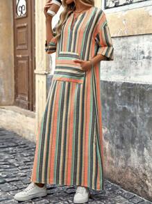 SHEIN LUNE 撞色条纹长袖连衣裙，休闲度假风 - 彩色 - 查看 6