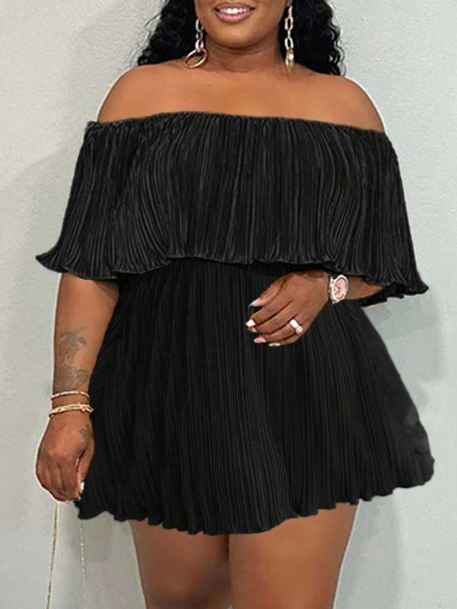 Slaydiva Vestido verde holgado de tela plisada con cuello de volantes y hombros descubiertos en talla grande - Negro - Ver 1