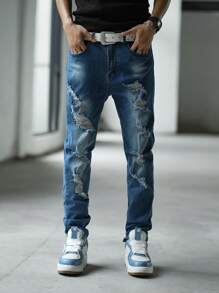 Manfinity EMRG Men Belt Loops Pockets Ripped Holes Design Fashion Jeans - Blue - View 4