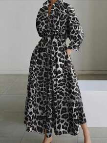 Chiquease Vestido Maxi de mujer con cuello polo de manga larga, cintura elástica, elegante y de para uso diario - Negro - Ver 1