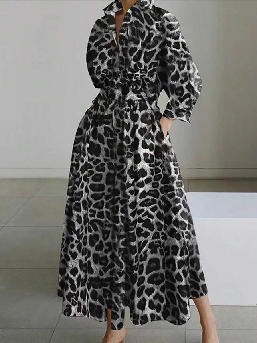 Chiquease Vestido Maxi de mujer con cuello polo de manga larga, cintura elástica, elegante y de para uso diario - Negro - Ver 1