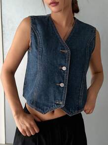 DAZY 女士夏季休闲纽扣前背心牛仔上衣 - 深色水洗藍 - 查看 7