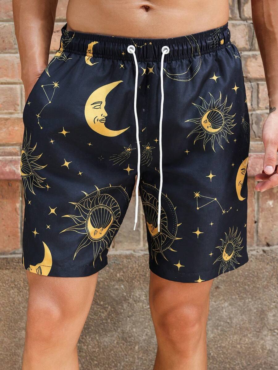 Surfspeed Men's Drawstring Moon, Sun, Star Print Fashionable Casual Beach Shorts - Multicolor - View 1