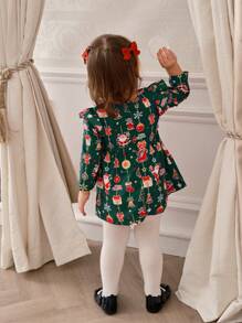 SHEIN Vestido de fiesta para niña con estampado de árbol de Navidad, campana y lazo, ideal para las fiestas. - Verde - Ver 2