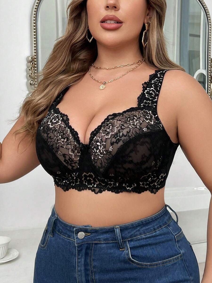 Plus Size Lace Push-Up Bra With Underwire, 1pc Lingerie - Black - View 1