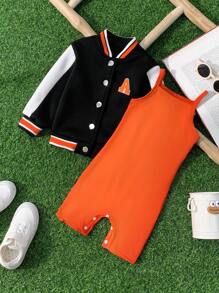 SHEIN Explorewe Bộ 2 chiếc áo khoác bóng chày khối màu và quần short tổng thể cho bé gái, mùa Thu/Đông - trái cam - Xem 7