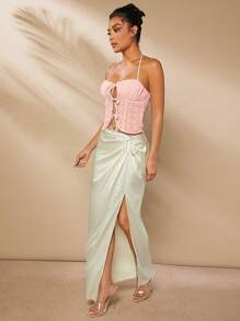 L'Amorae Lace-Up Embroidered Bustier Top With Halter Neck - Pink - View 3