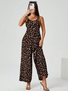 SHEIN PETITE Women's Leopard Print Lace-Up Loose Jumpsuit Perfect For Fall - Brown - View 4