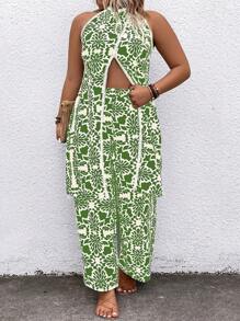 Breezaya Conjunto informal de 2 piezas de talla grande para vacaciones con parte superior halter de espalda dividida con estampado all-over y pantalón de pierna ancha