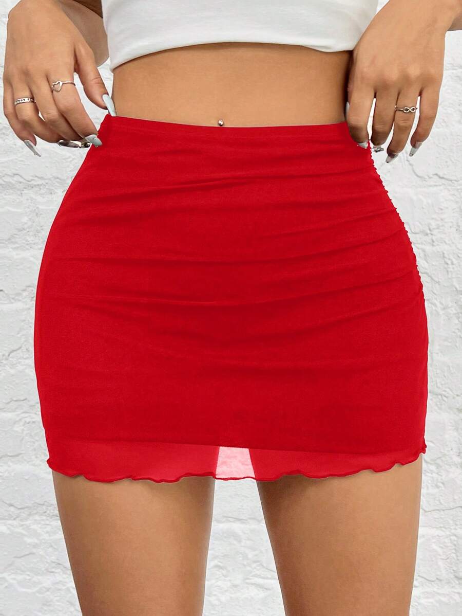 SHEIN EZwear Váy lưới dệt kim màu đỏ xếp ly dáng ôm thanh lịch quyến rũ thời trang dành cho nữ - Đỏ - Xem 1