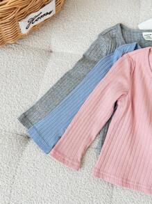 SHEIN 3pcs Baby Girl Casual Cute Versatile Solid Color Knit Elastic Long Sleeve Top Set