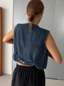 DAZY 女士夏季休闲纽扣前背心牛仔上衣 - 深色水洗藍 - 查看 3