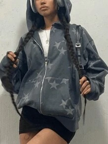 Rovax Plus Size Hooded Zipper Long Sleeve Star Print Loose Fall Sweatshirt, For Winter Graduation,Back To School Outfits,Graduation,Teacher Outfits For Women,Back To School Pullover Autumn