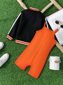 SHEIN Explorewe Bộ 2 chiếc áo khoác bóng chày khối màu và quần short tổng thể cho bé gái, mùa Thu/Đông - trái cam - Xem 2