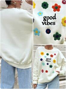 EURMUSE Áo nỉ thêu chữ và hoa cho mùa thu đông - trắng - Xem 7